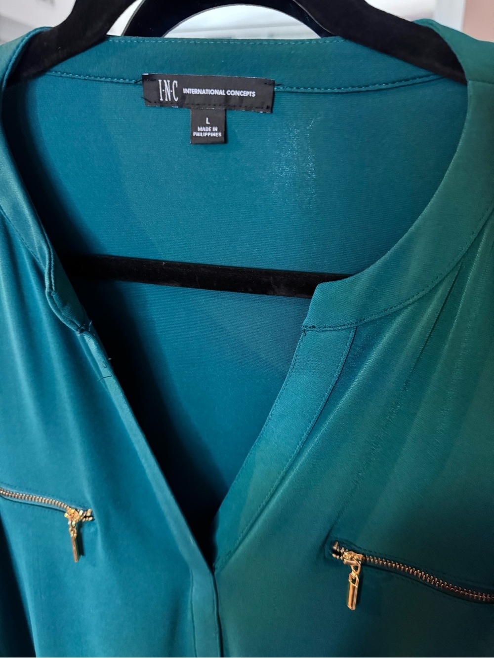 INC International Concepts, Emerald green V-Neck Blouse with Gold Zipper Accents - Picture 3 of 7